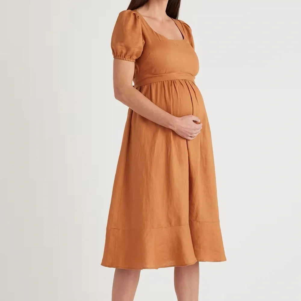 Women's 100% European Linen Maternity Short Sleeve Midi Dress in Terracotta, Size Small, Tencel by Quince